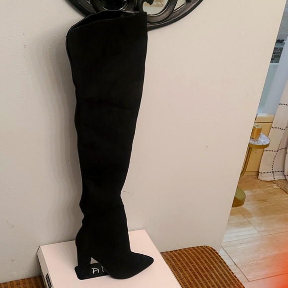 Shoes - Black suede thigh high black 4inch heel boots